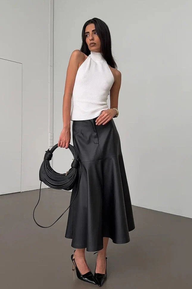 Vintage High-Waist A-Line Midi PU Leather Skirt - Image 2