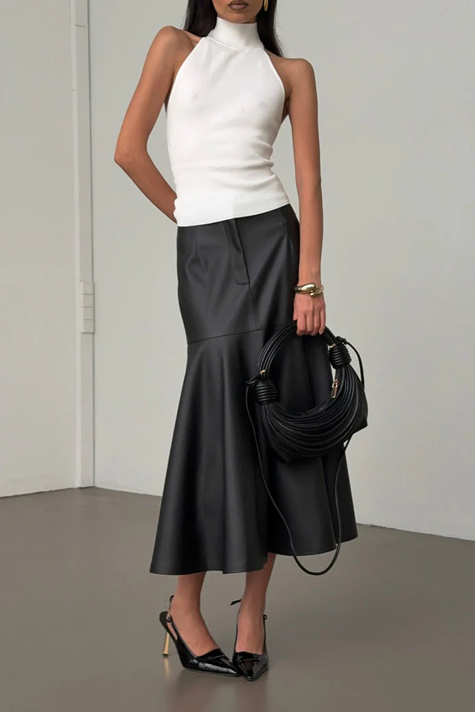 Vintage High-Waist A-Line Midi PU Leather Skirt - Image 4