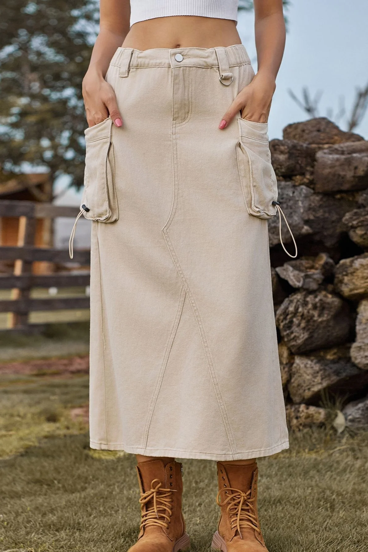Vintage High-Waist Denim Cargo Midi Skirt - Image 3