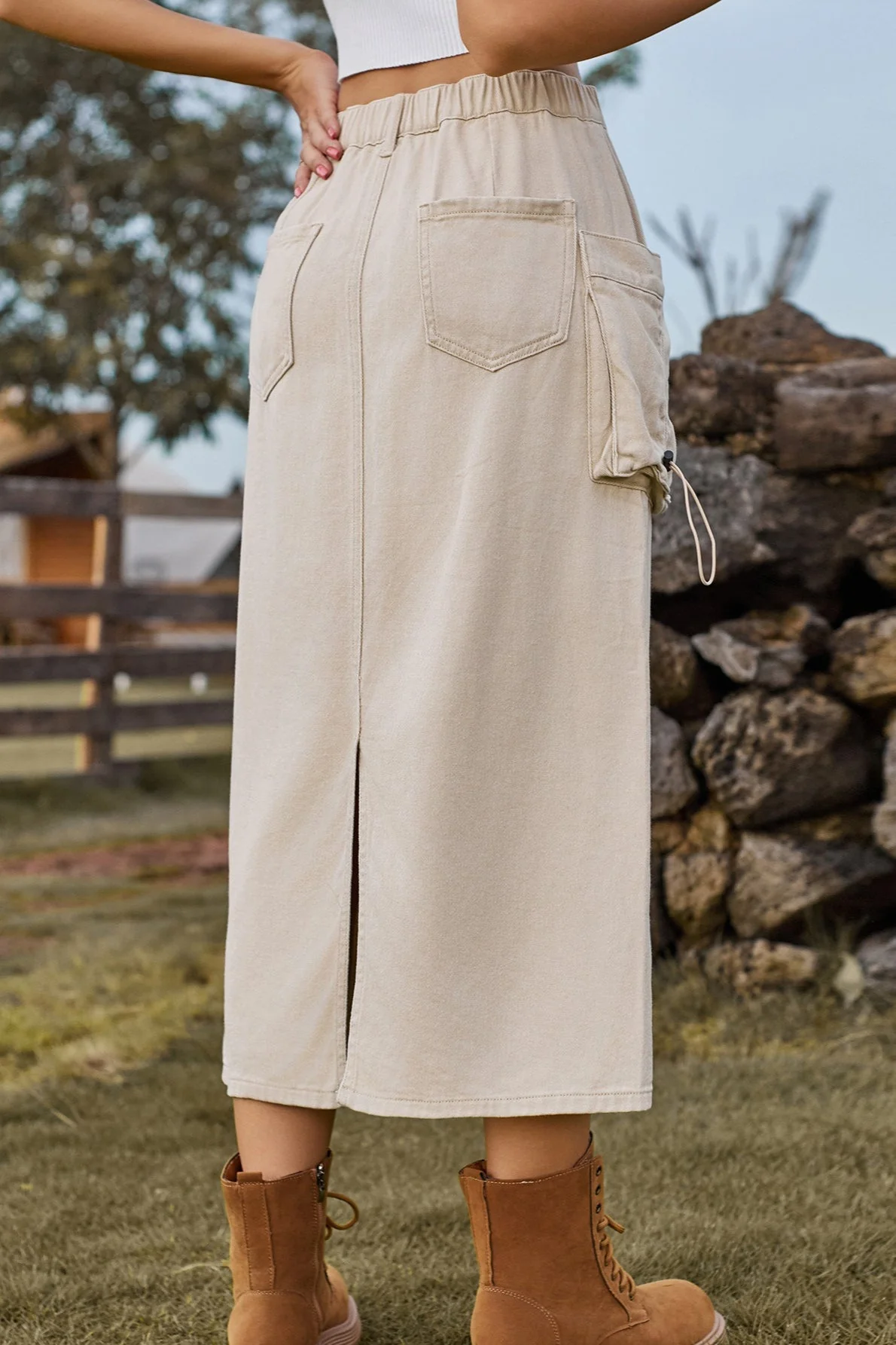 Vintage High-Waist Denim Cargo Midi Skirt - Image 4