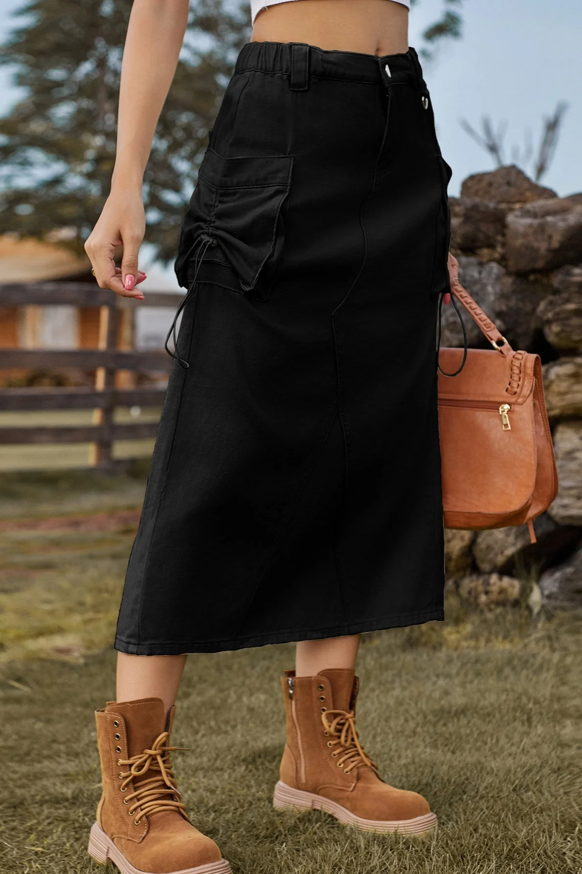 Vintage High-Waist Denim Cargo Midi Skirt - Image 5