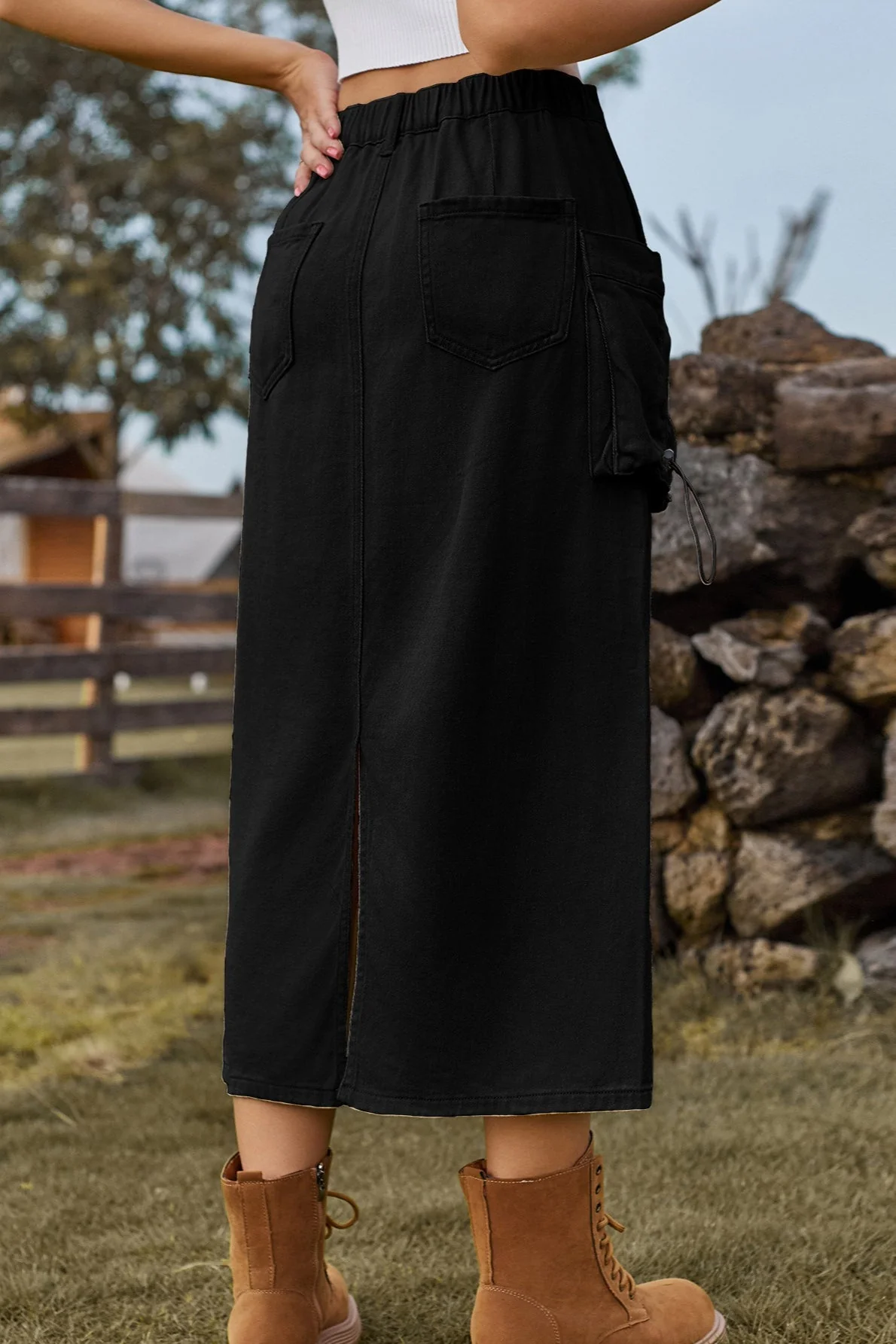 Vintage High-Waist Denim Cargo Midi Skirt - Image 6