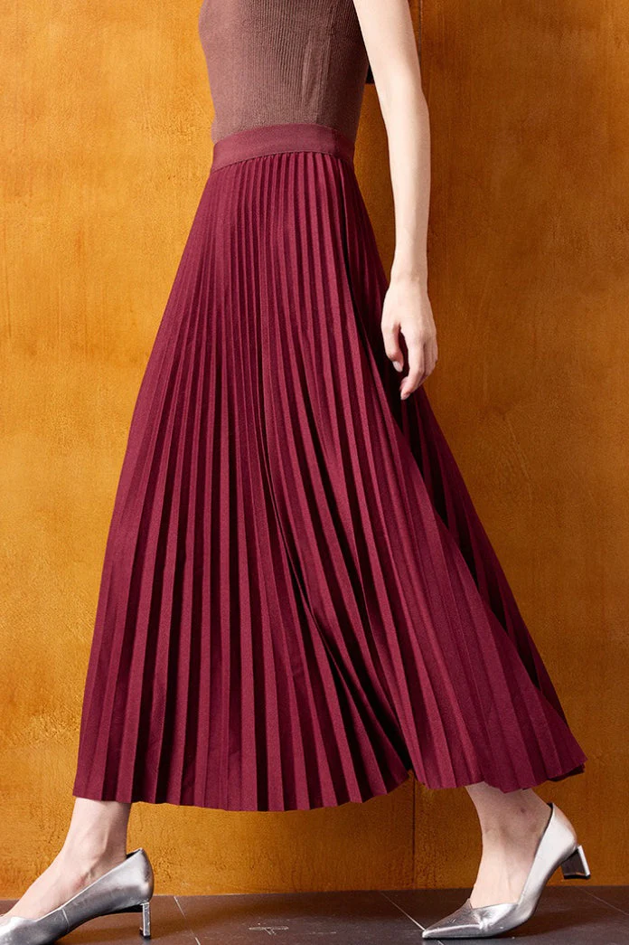 Vintage High-Waist Knit Pleated Midi Skirt - Image 5