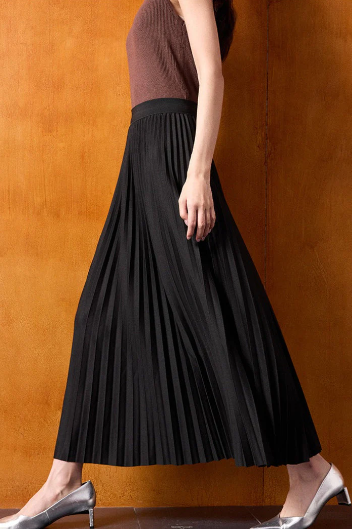 Vintage High-Waist Knit Pleated Midi Skirt - Image 7