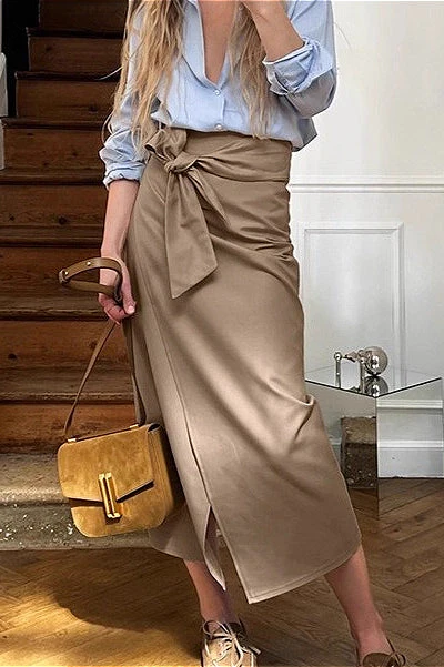 Vintage High-Waist Self-Tie Straight Midi Skirt - Image 2