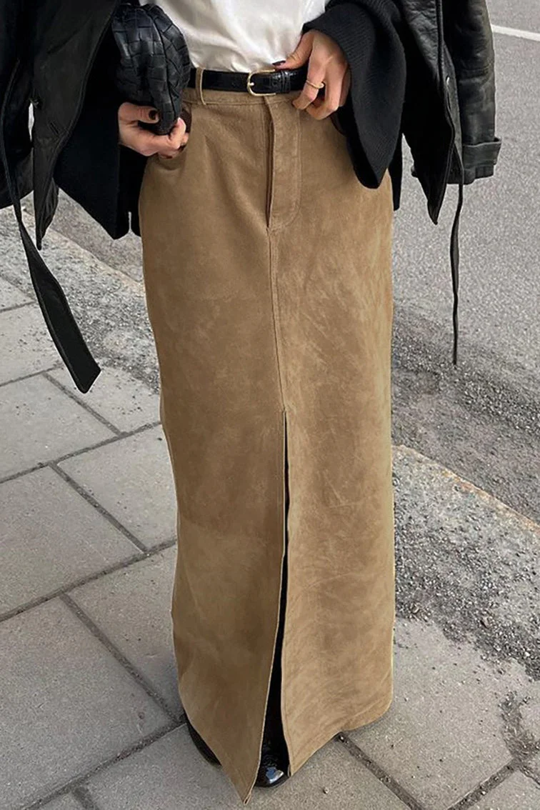 Vintage High-Waist Suede Maxi Skirt - Image 2