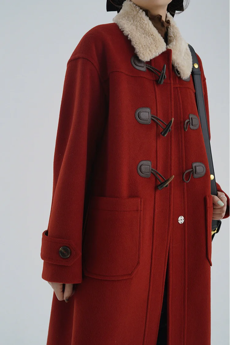Vintage Horn Button Shearling Collar Red Overcoat - Image 2