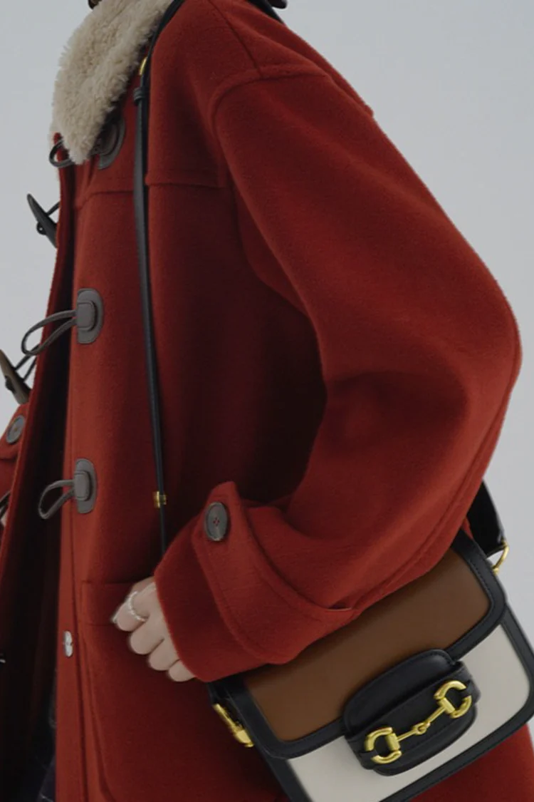 Vintage Horn Button Shearling Collar Red Overcoat - Image 3