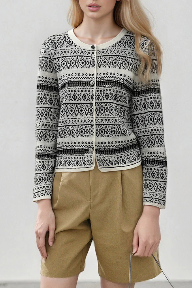 Vintage Jacquard Crew Neck Button Knit Cardigan - Image 2