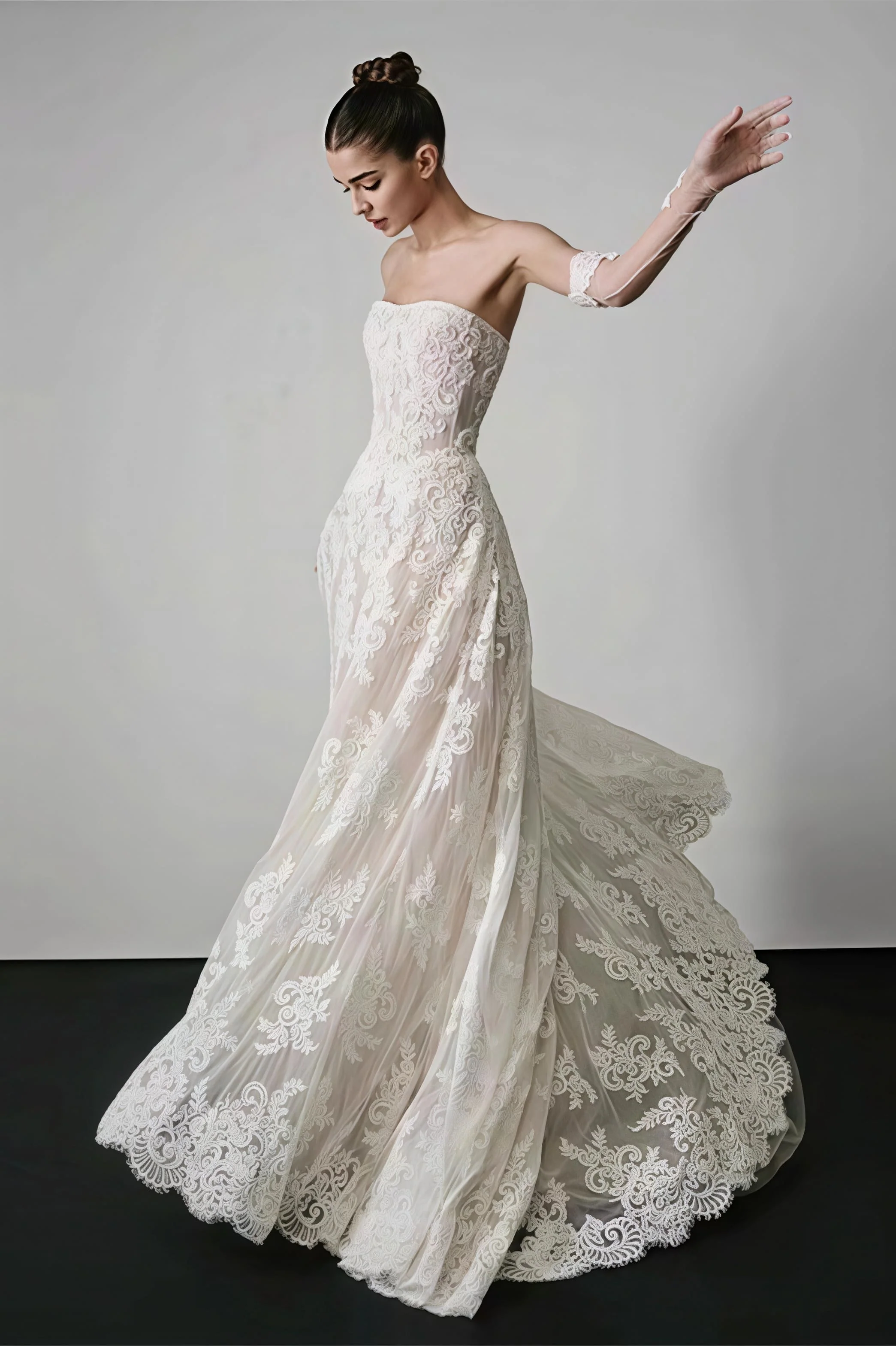 Vintage Lace Bandeau Floral Print Reception Dress - Image 2