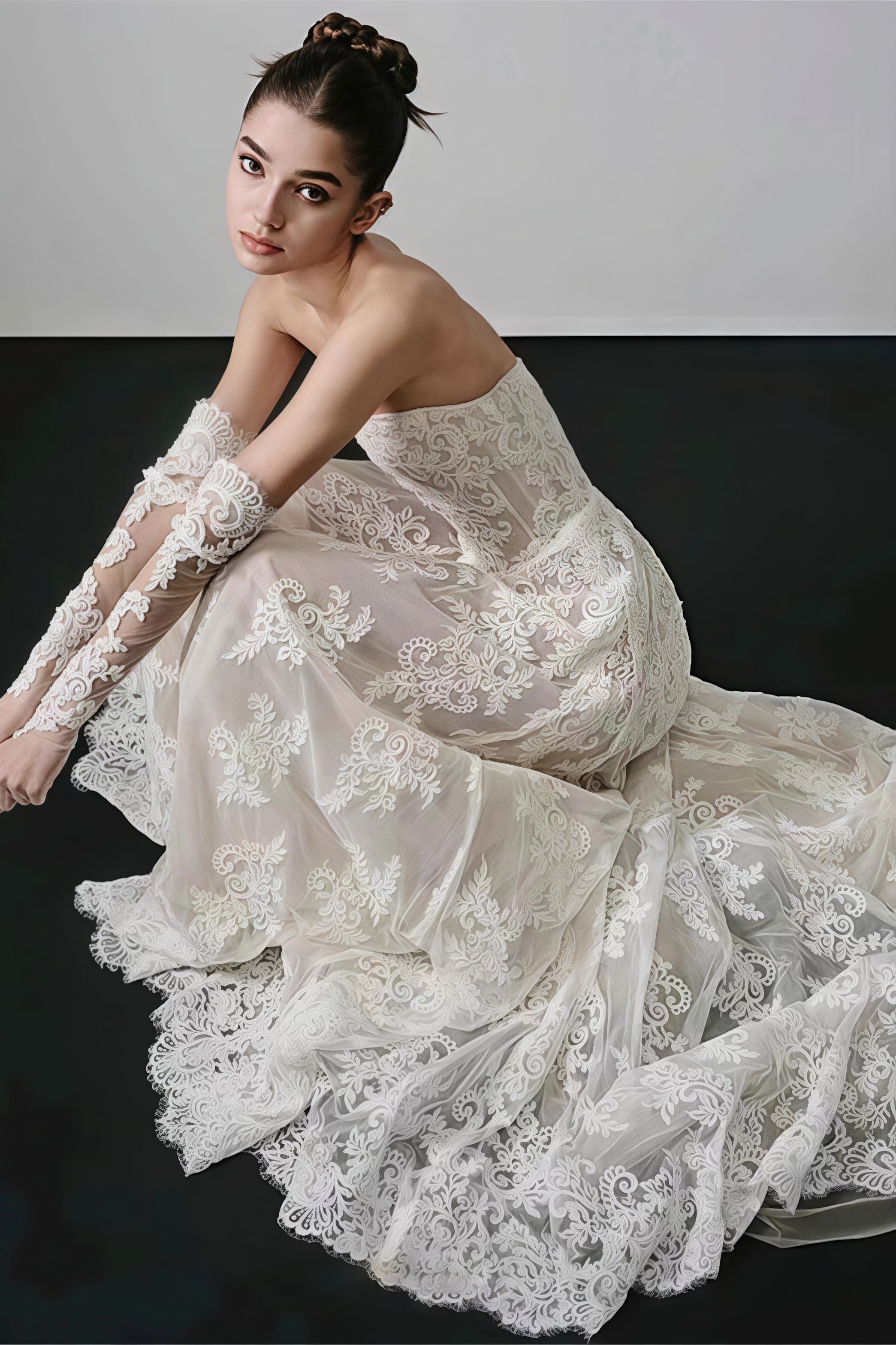 Vintage Lace Bandeau Floral Print Reception Dress - Image 3
