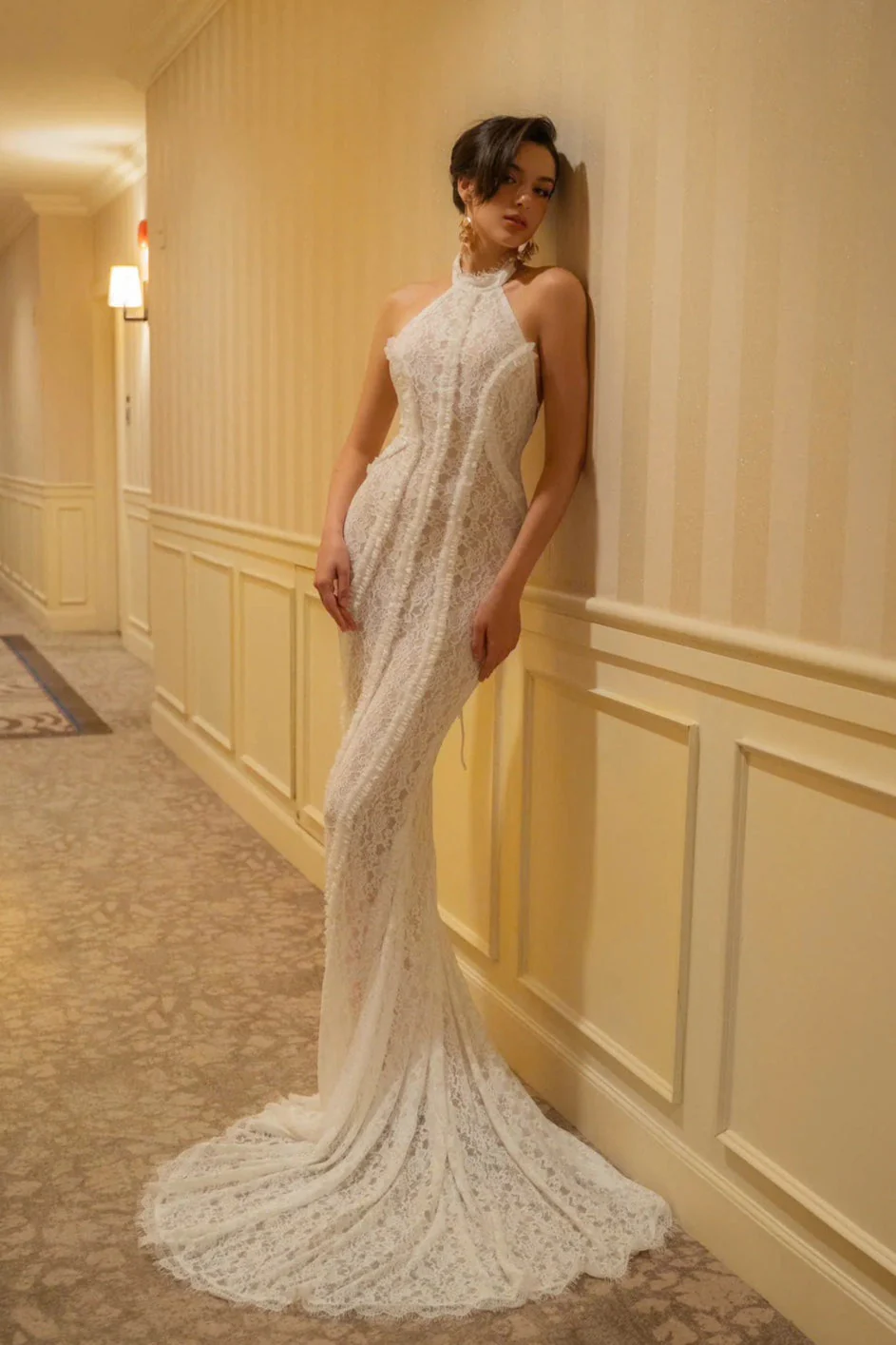 Vintage Lace Off Shoulder Mermaid Train Reception Dress - Image 3