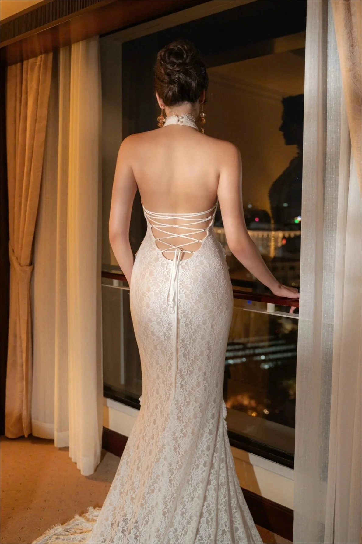 Vintage Lace Off Shoulder Mermaid Train Reception Dress - Image 9