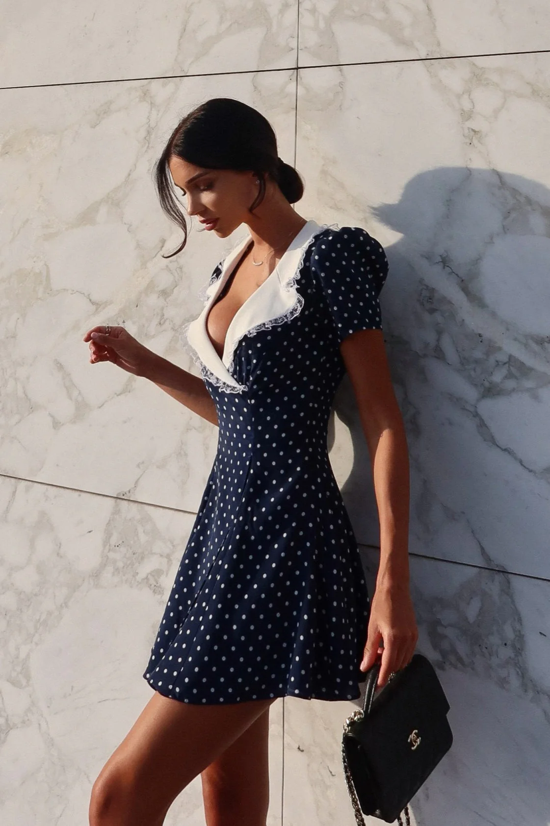 Vintage Lace Trim Polka Dot V-Neck Fitted Mini Dress - Image 2
