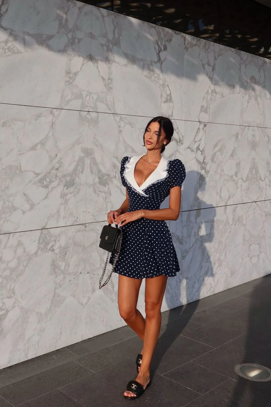 Vintage Lace Trim Polka Dot V-Neck Fitted Mini Dress - Image 4