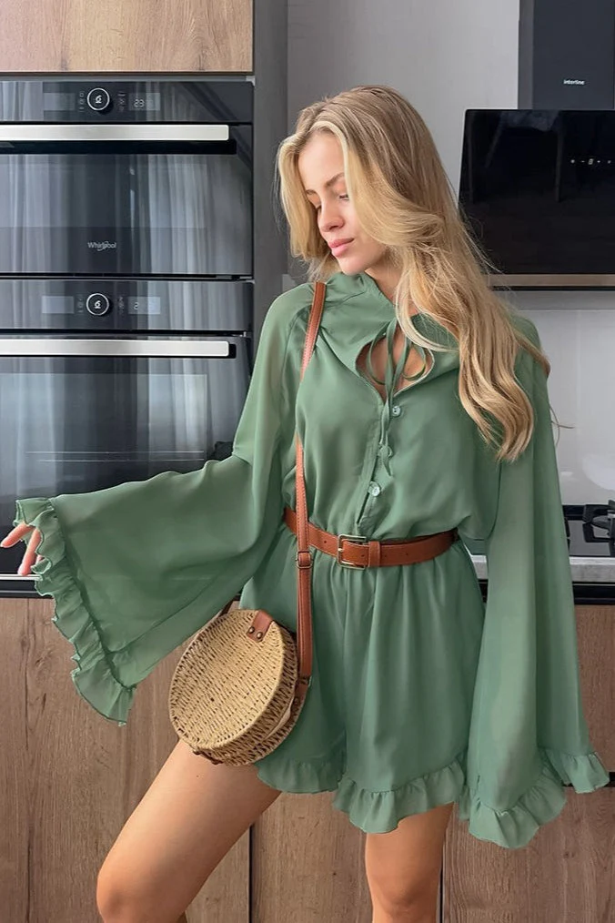 Vintage Lace Up Sleeve Ruffle Mini Dress - Image 2