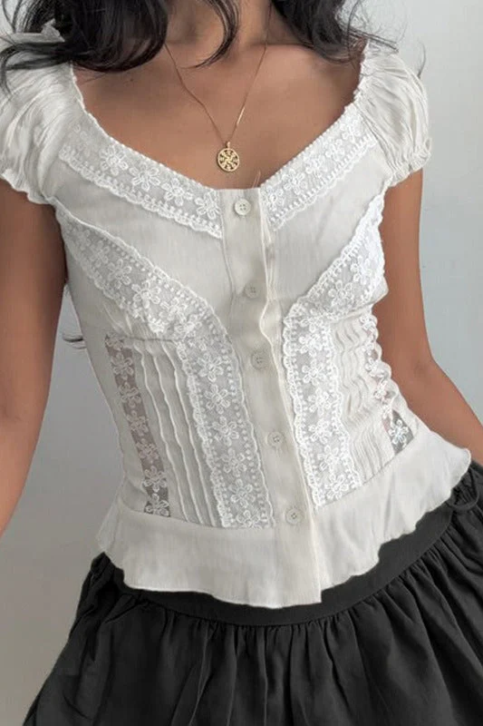 Vintage Lace V Neck Button Puff Sleeve Tank Top - Image 2