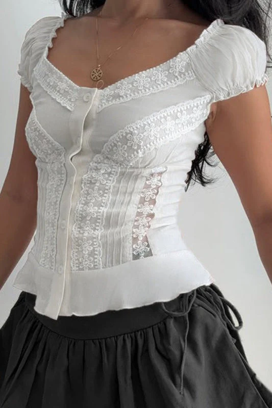 Vintage Lace V Neck Button Puff Sleeve Tank Top - Image 4