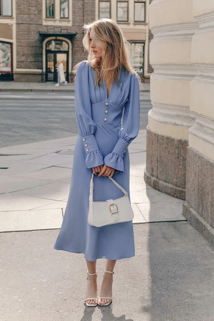 Vintage Lantern Sleeve V-Neck Bodycon Maxi Dress - Image 3