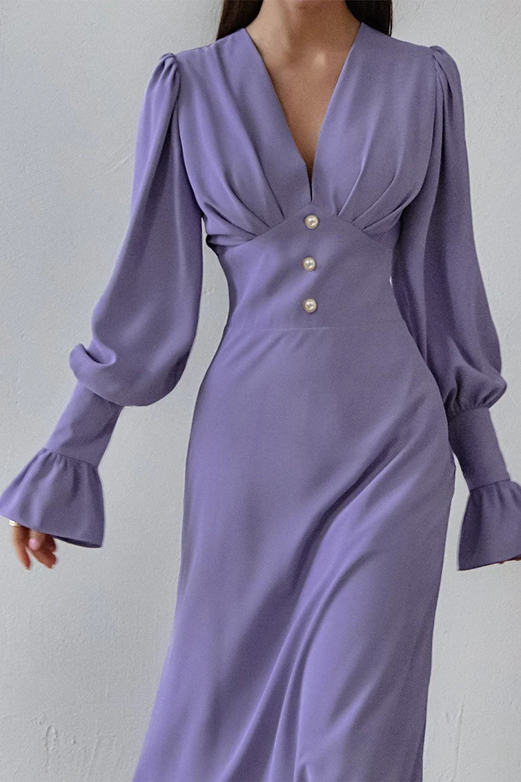 Vintage Lantern Sleeve V-Neck Bodycon Maxi Dress - Image 4