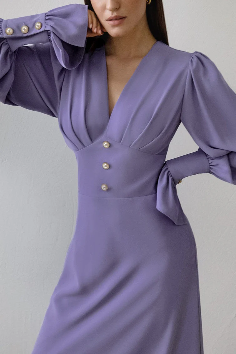 Vintage Lantern Sleeve V-Neck Bodycon Maxi Dress - Image 5