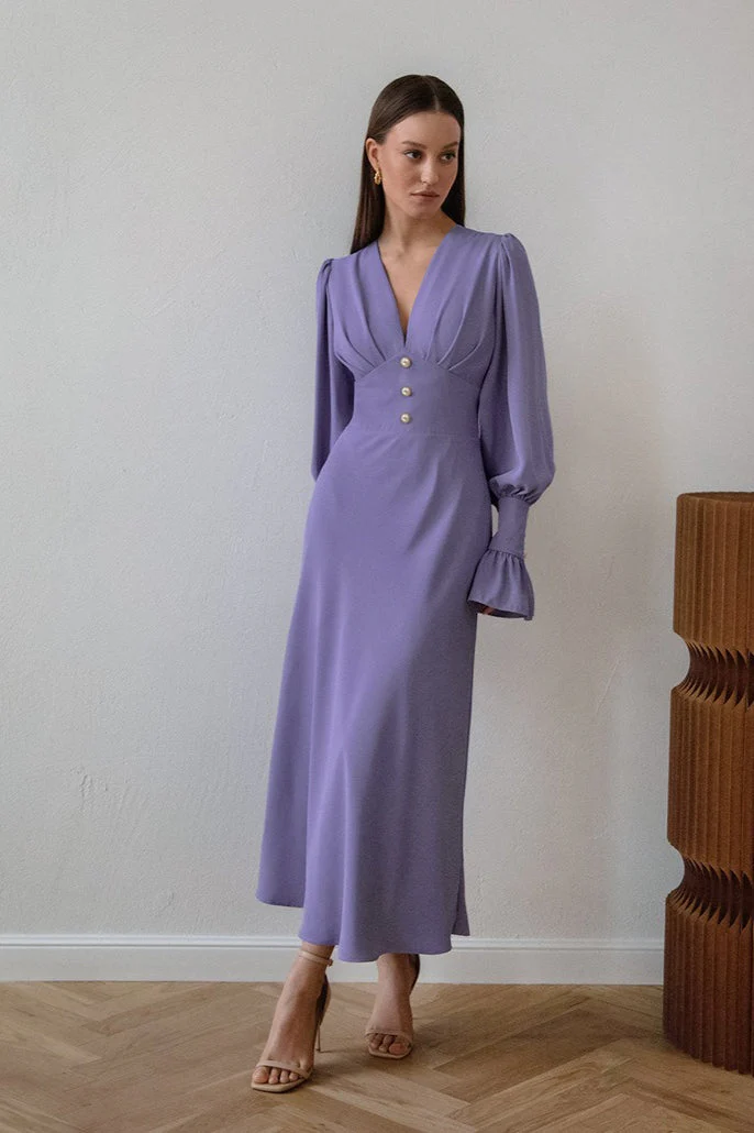 Vintage Lantern Sleeve V-Neck Bodycon Maxi Dress - Image 6