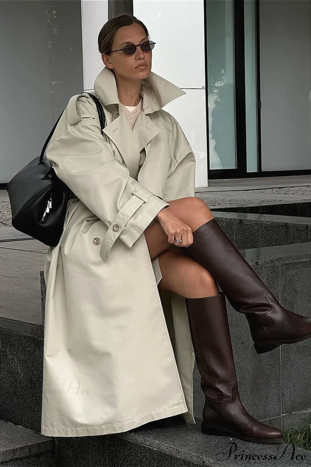 Vintage Loose Long Belted Waist Trench Overcoat - Image 3