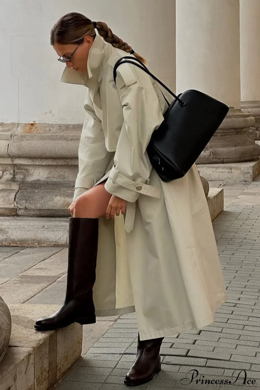 Vintage Loose Long Belted Waist Trench Overcoat - Image 5
