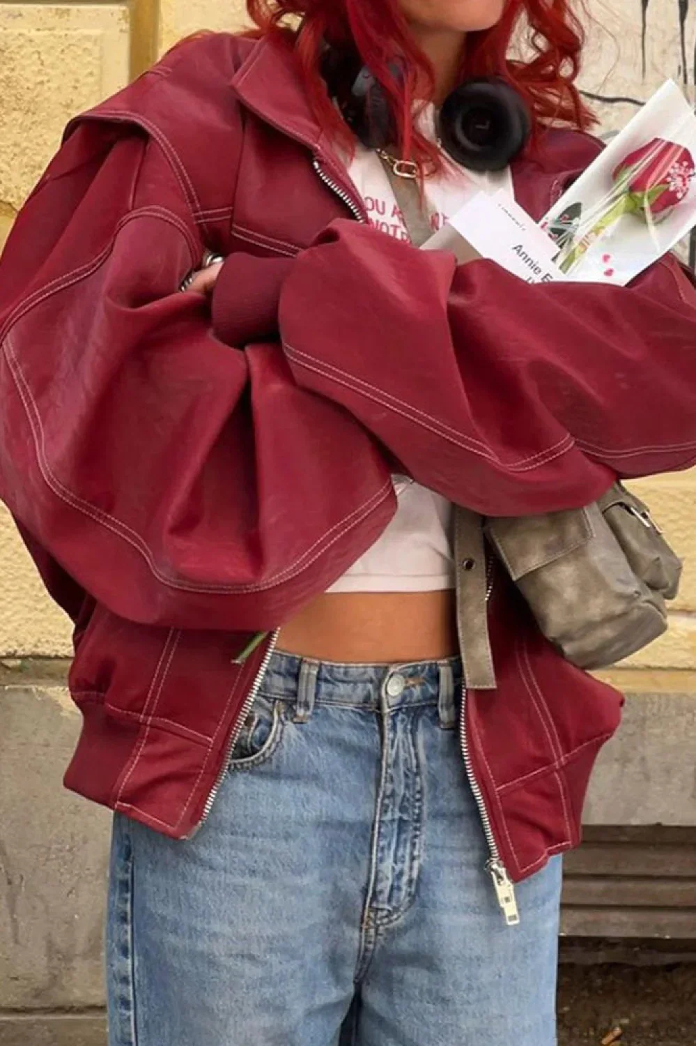 Vintage Loose Long Sleeve Lapel Leather Jacket - Image 4