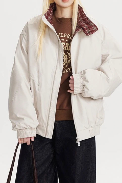 Vintage Plaid Paneled Stand Collar Loose Warm Jacket - Image 2