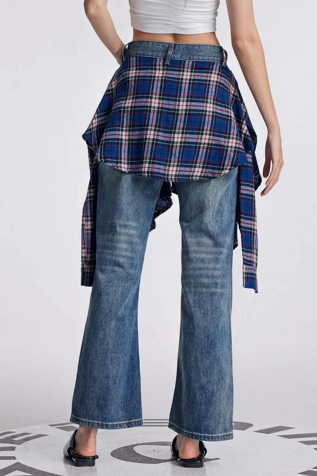 Vintage Plaid Patchwork Washed Micro-Flare Jeans - Image 3