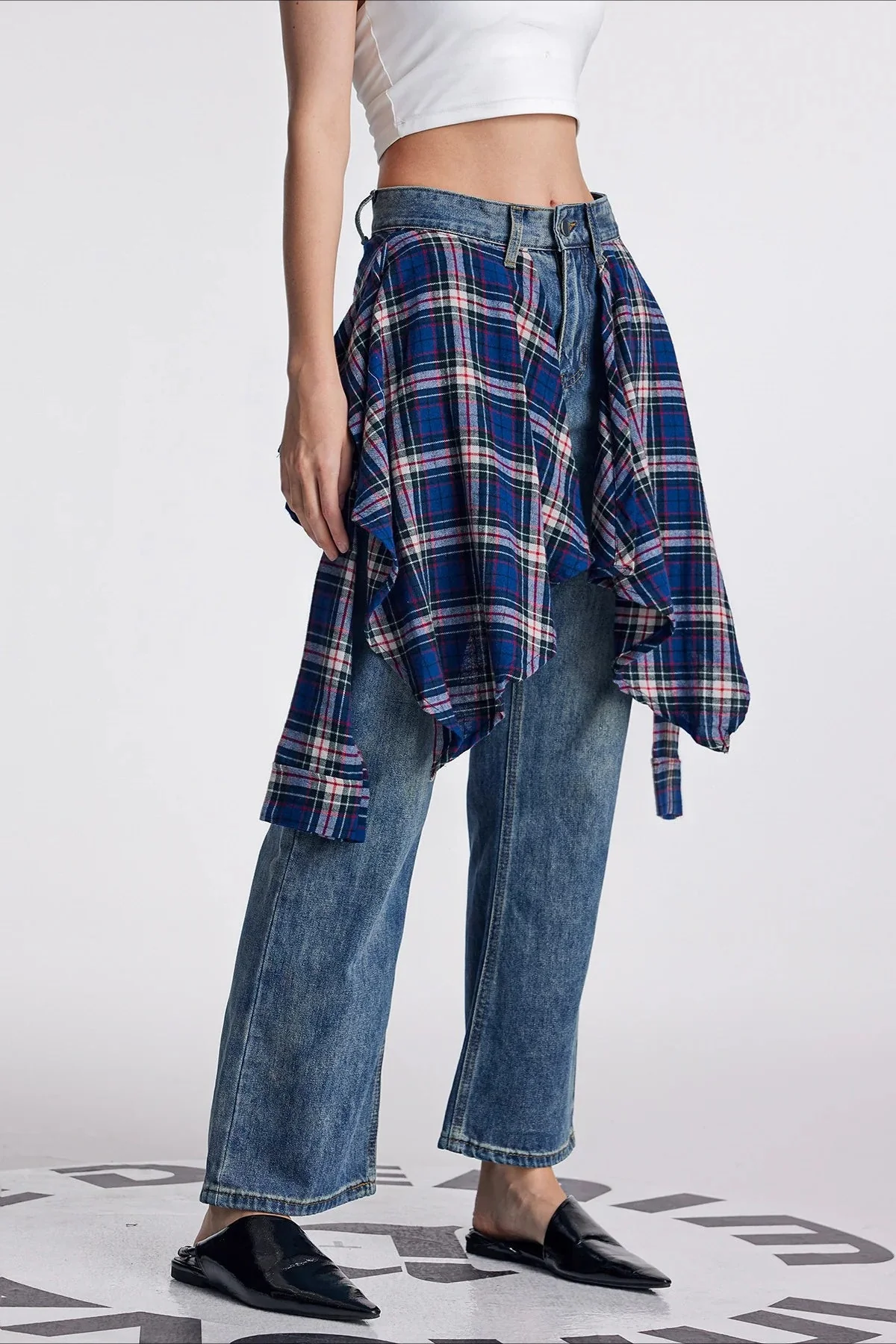 Vintage Plaid Patchwork Washed Micro-Flare Jeans - Image 4