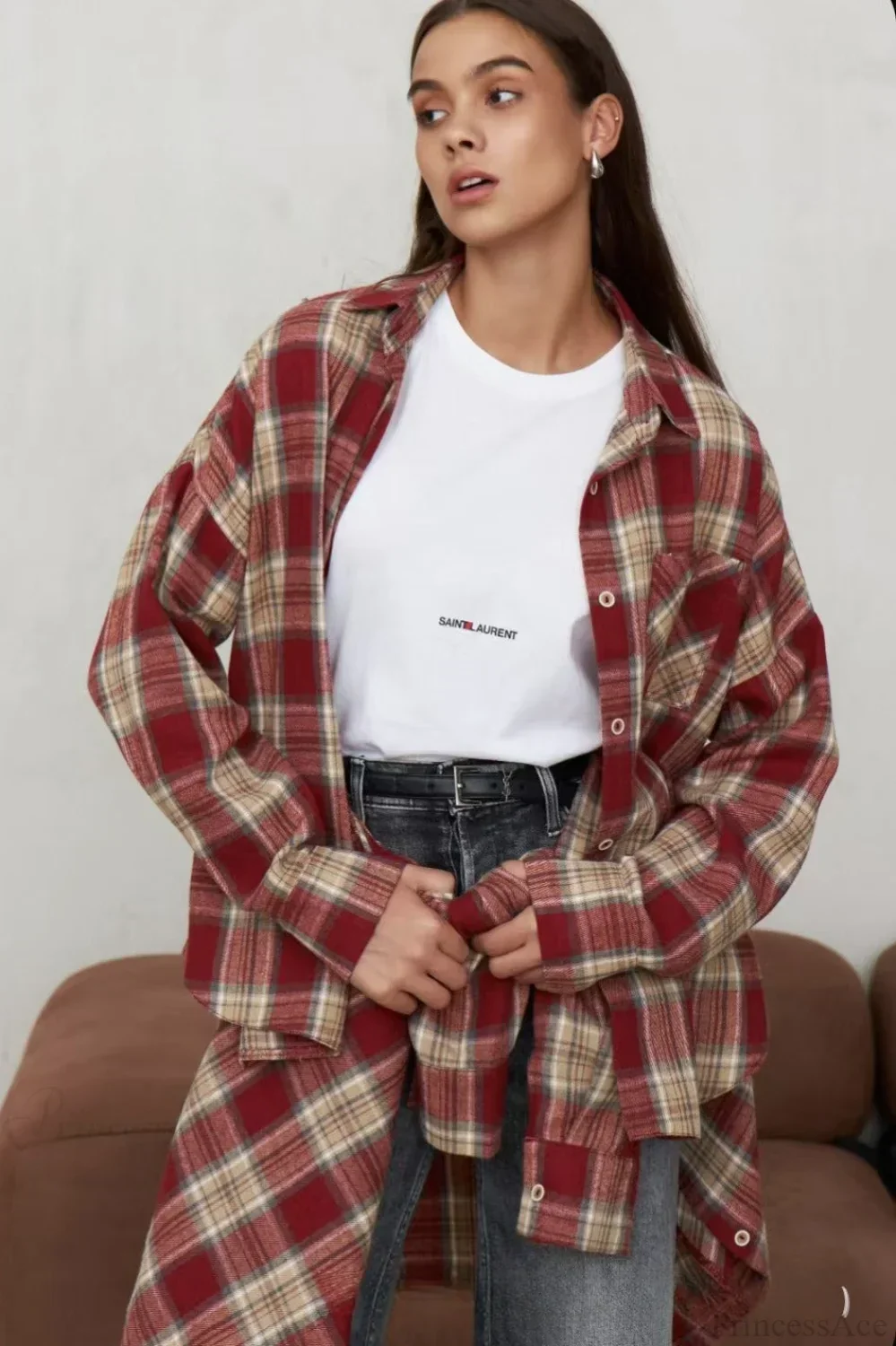 Vintage Plaid Pocket Long Sleeve Collared Blouse - Image 2