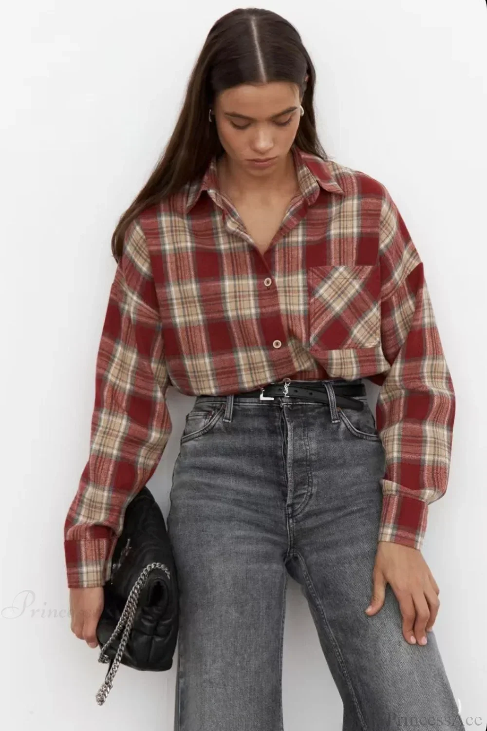 Vintage Plaid Pocket Long Sleeve Collared Blouse - Image 3