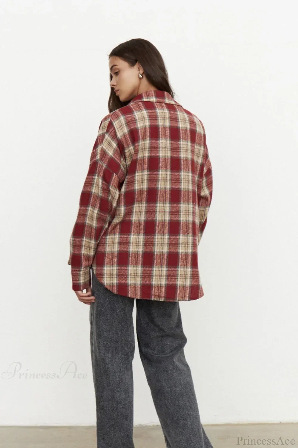 Vintage Plaid Pocket Long Sleeve Collared Blouse - Image 4