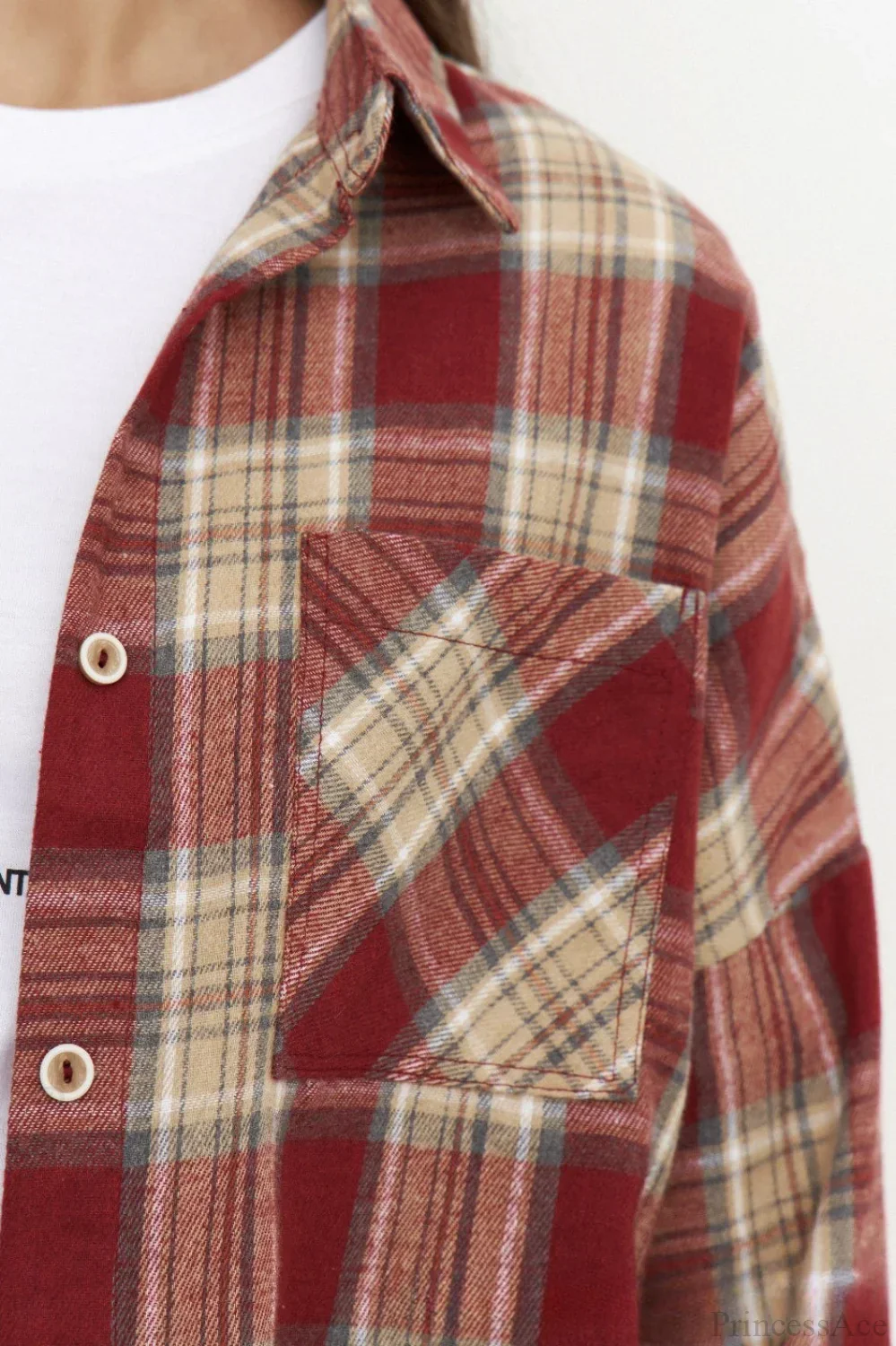 Vintage Plaid Pocket Long Sleeve Collared Blouse - Image 5