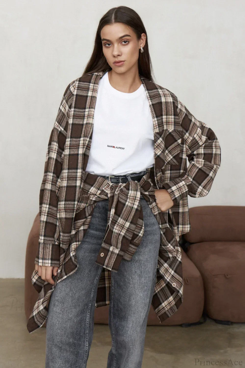 Vintage Plaid Pocket Long Sleeve Collared Blouse - Image 7