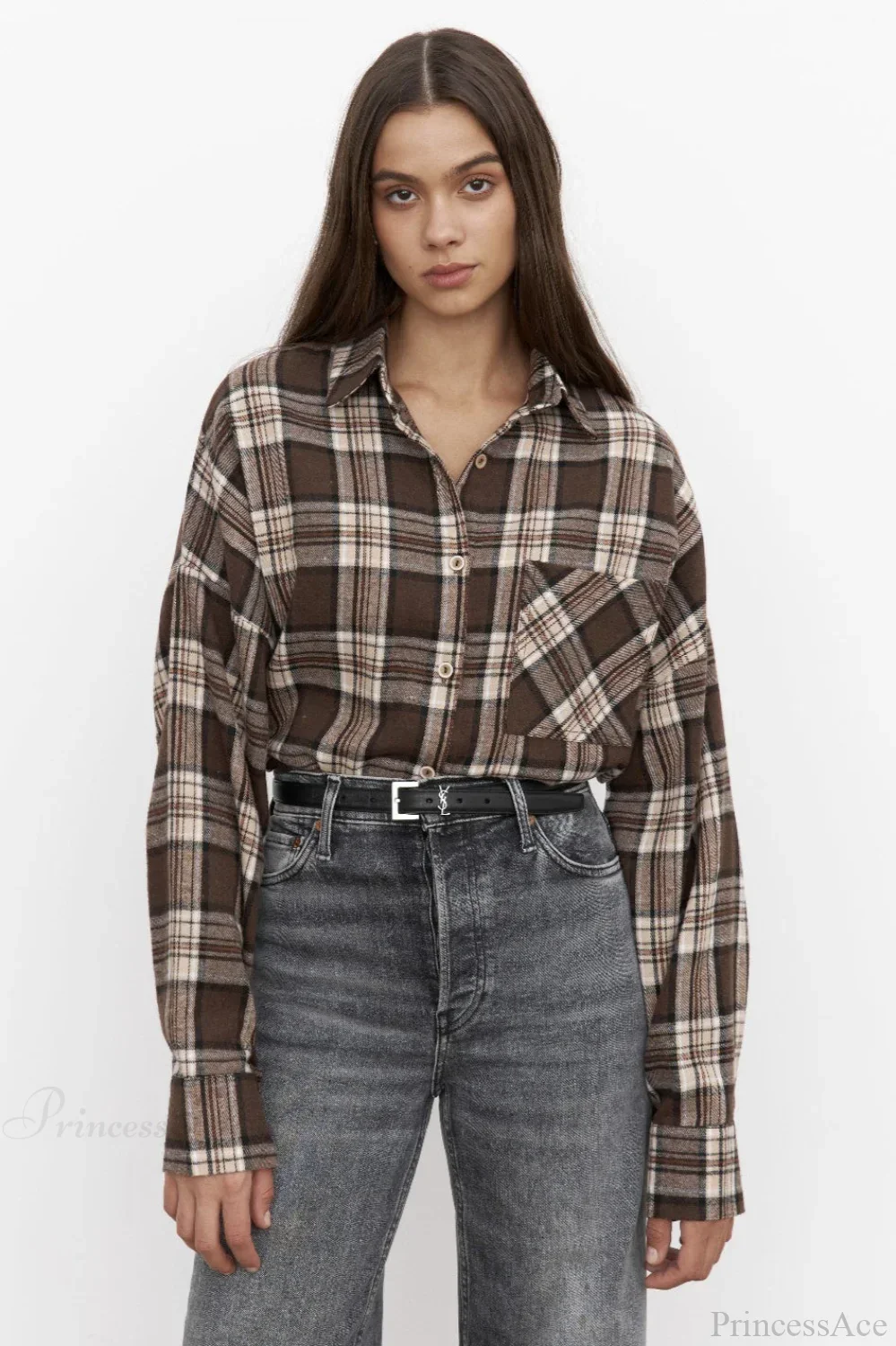 Vintage Plaid Pocket Long Sleeve Collared Blouse - Image 9