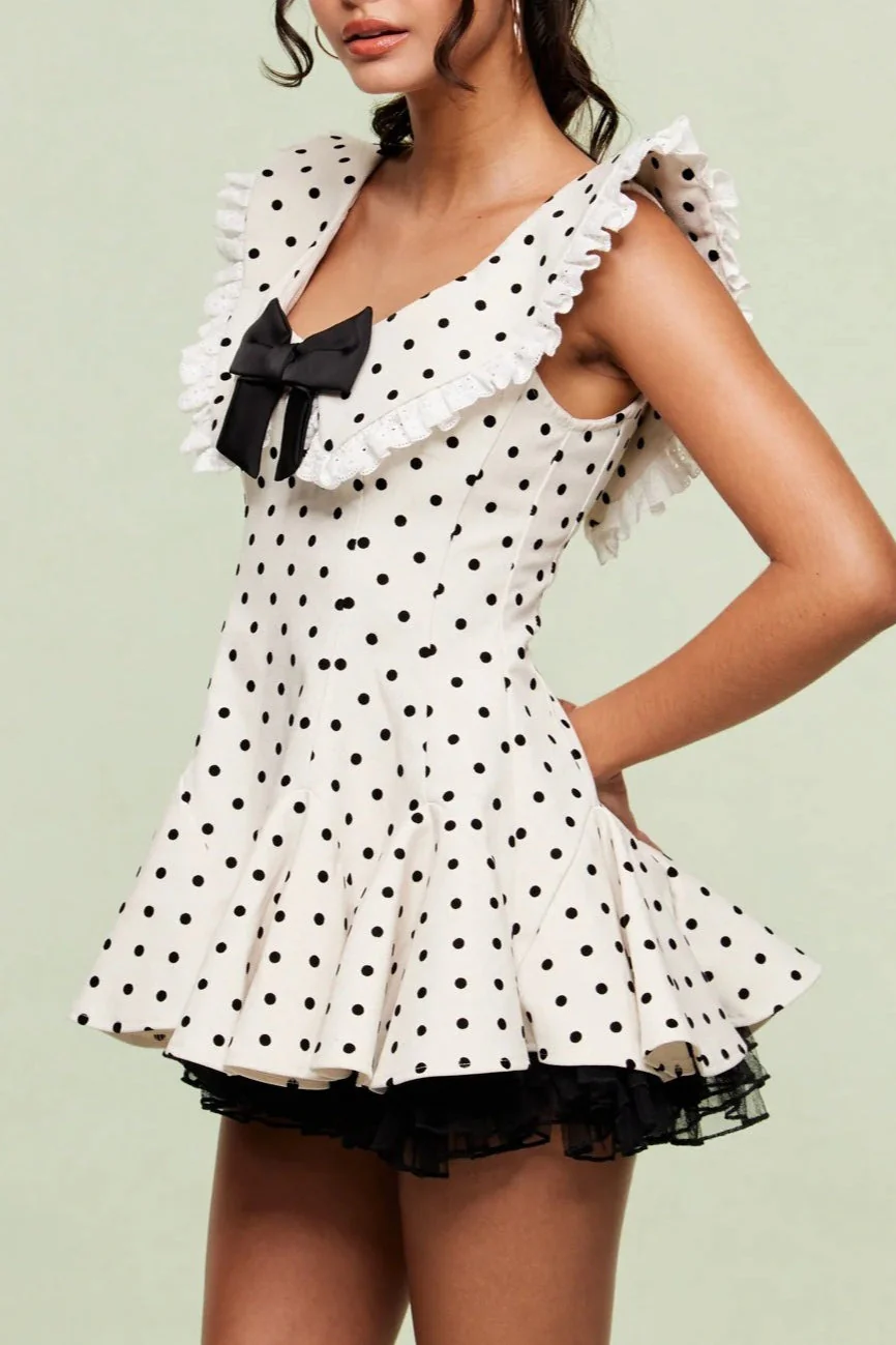 Vintage Polka Dot Bow Collar Ruffled Mini Dress - Image 2