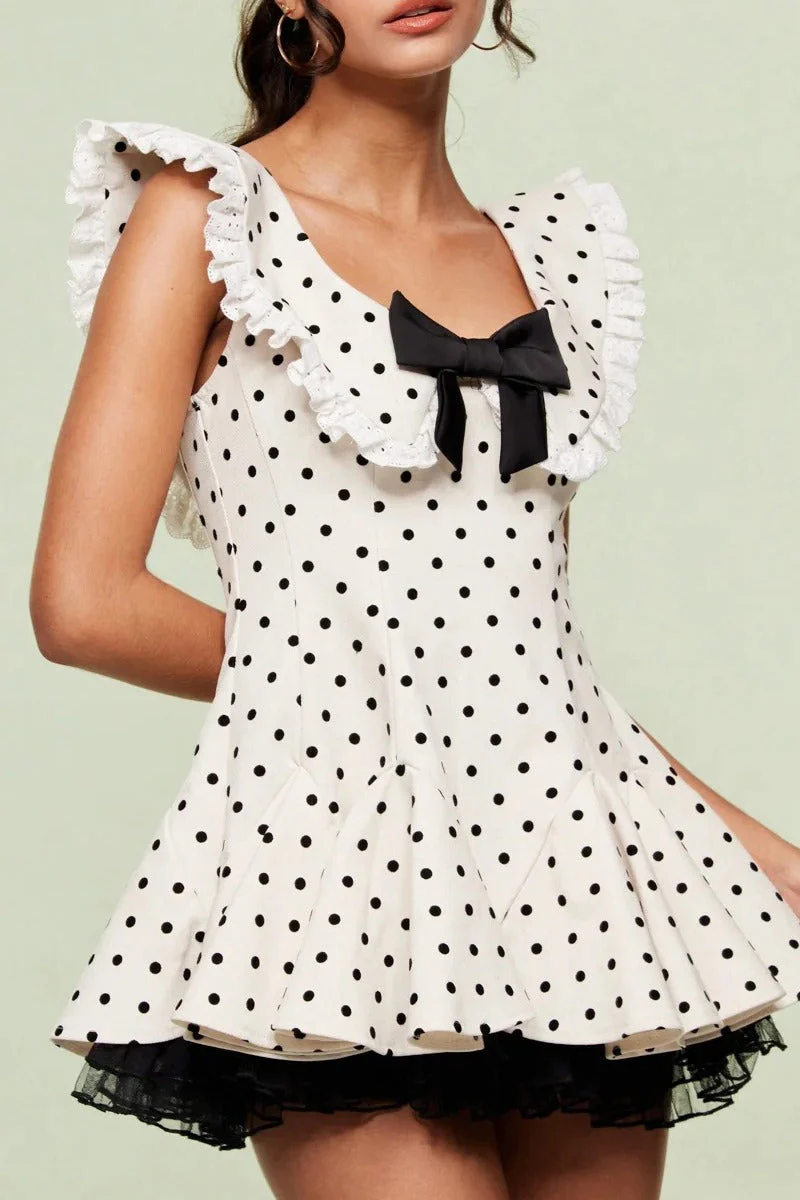 Vintage Polka Dot Bow Collar Ruffled Mini Dress - Image 3