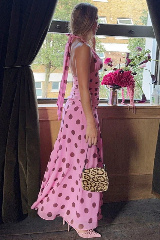 Vintage Polka Dot Halter V-neck Maxi Dress - Image 2
