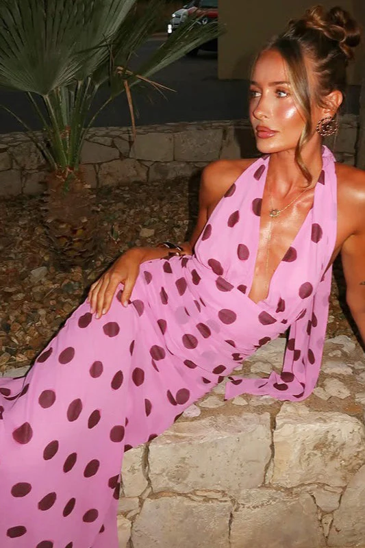 Vintage Polka Dot Halter V-neck Maxi Dress - Image 3