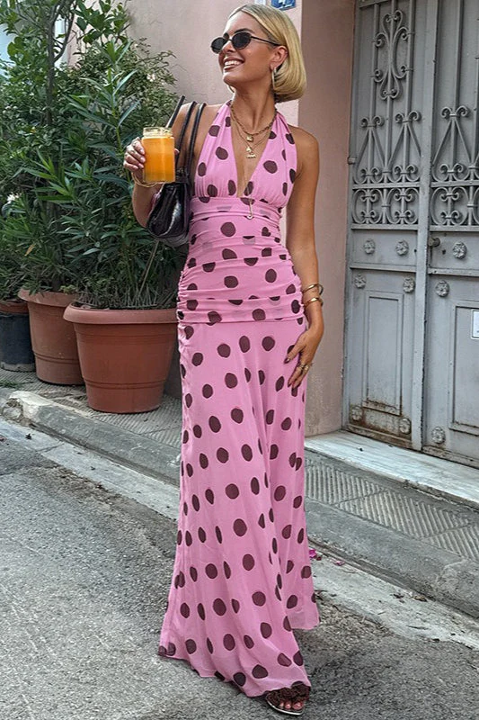 Vintage Polka Dot Halter V-neck Maxi Dress - Image 4