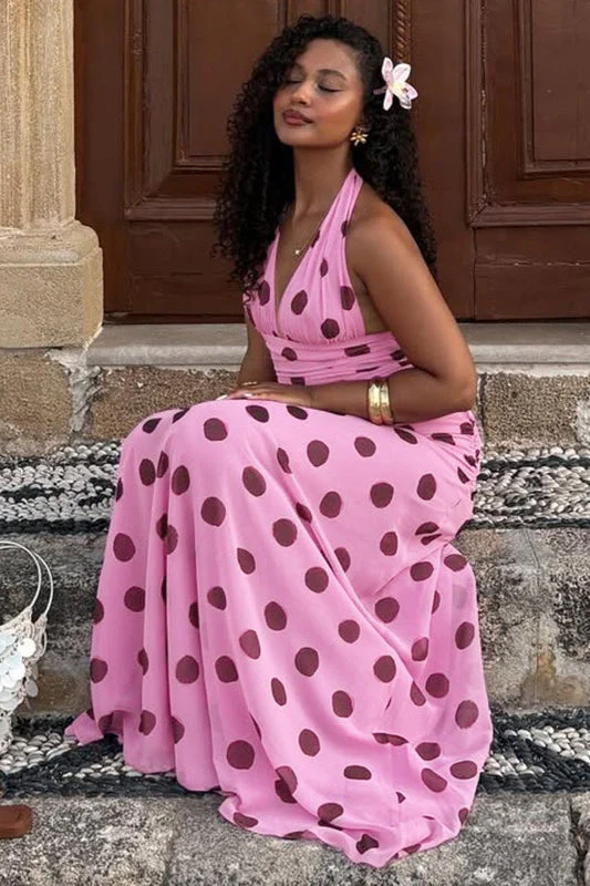 Vintage Polka Dot Halter V-neck Maxi Dress - Image 5