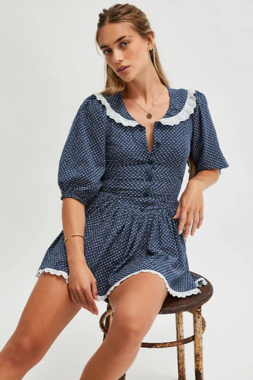 Vintage Polka Dot Peter Pan Collar Puff Sleeve Mini Dress - Image 4