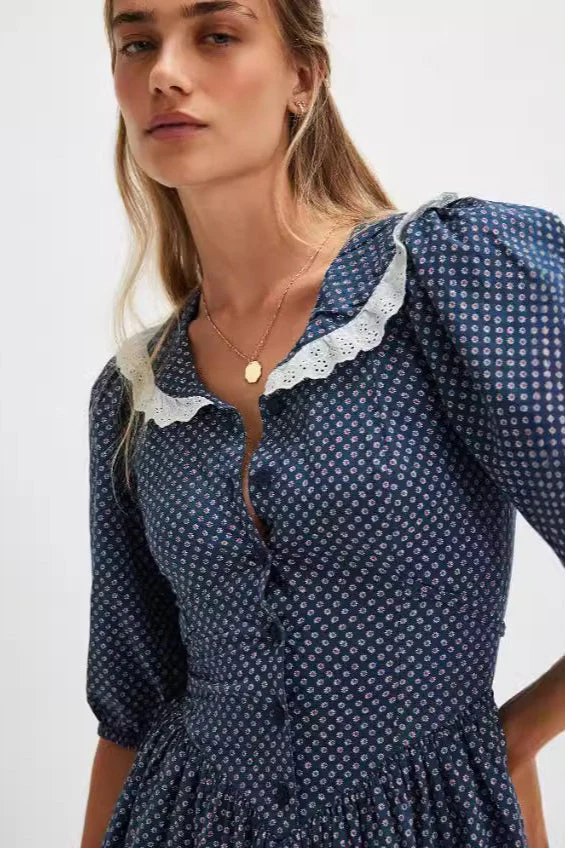 Vintage Polka Dot Peter Pan Collar Puff Sleeve Mini Dress - Image 5