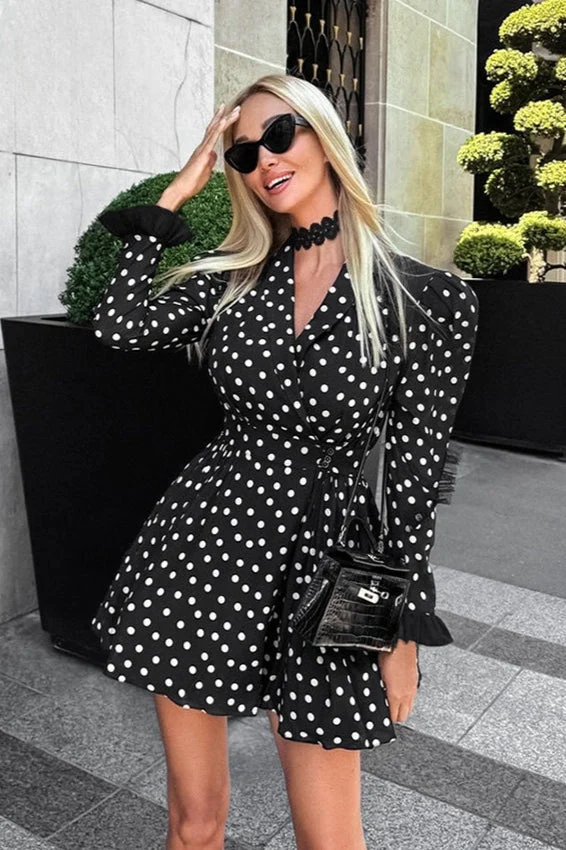 Vintage Polka Dot V-Neck Puff Sleeve A-Line Mini Dress - Image 3