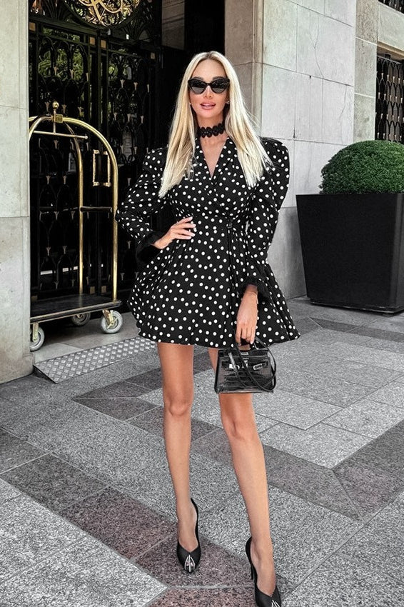 Vintage Polka Dot V-Neck Puff Sleeve A-Line Mini Dress - Image 4