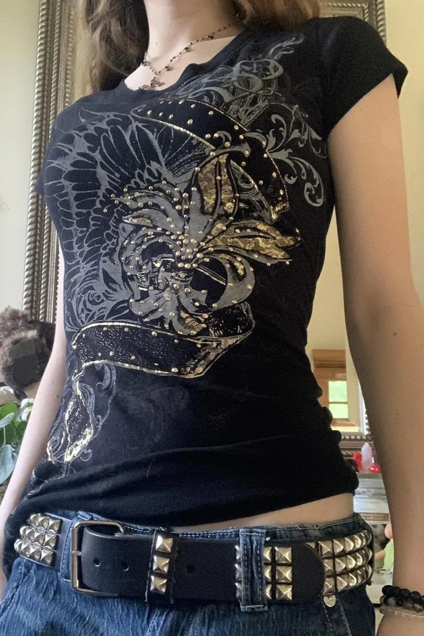 Vintage Print Rhinestone Slim Short Sleeve T-shirt - Image 2