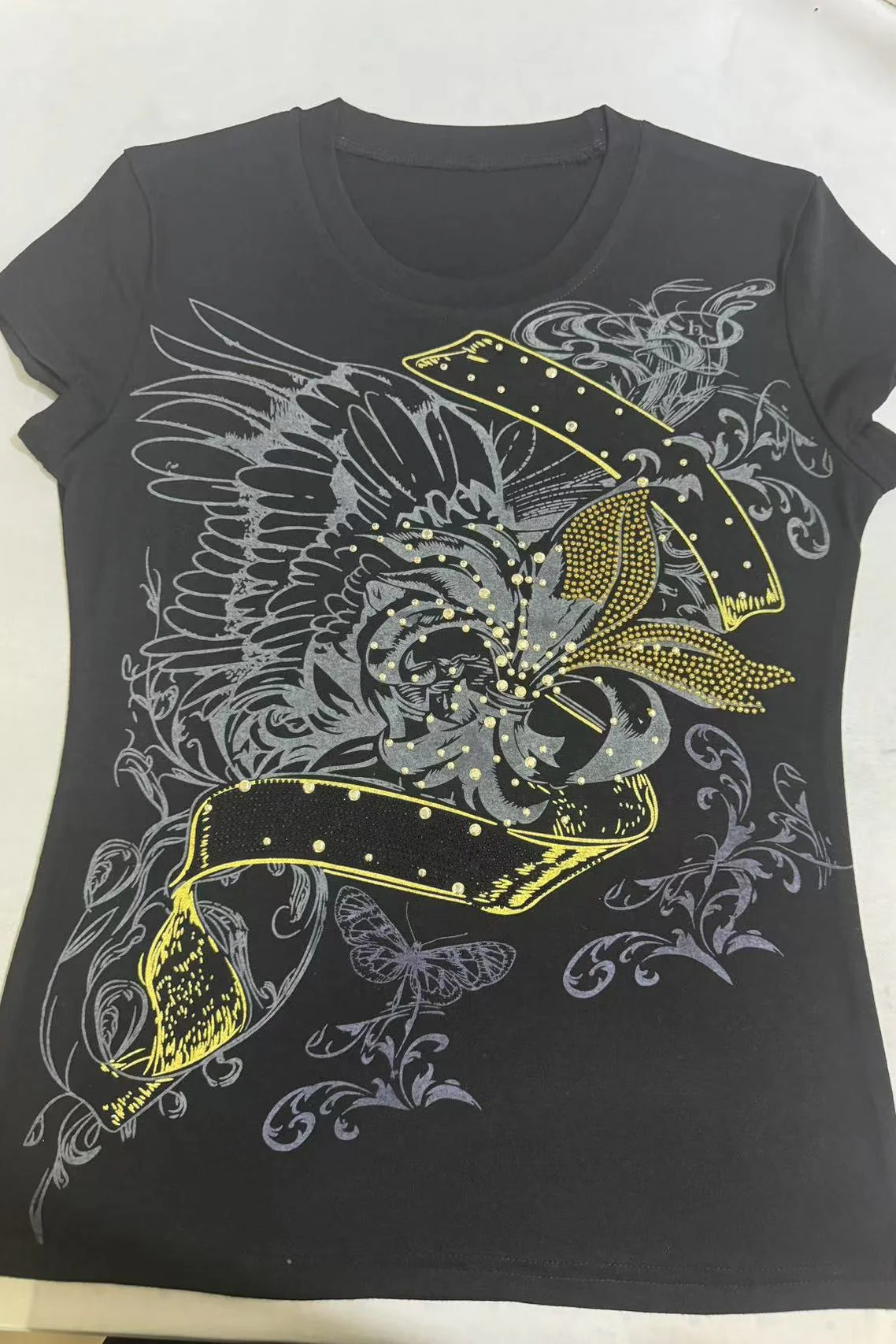 Vintage Print Rhinestone Slim Short Sleeve T-shirt - Image 4